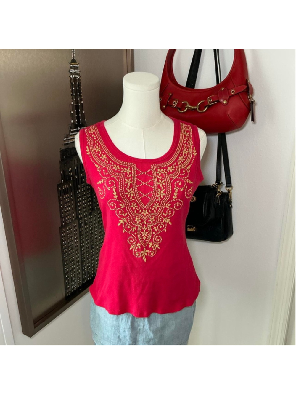 Only Nine Petite Red Gold Embellished Sleeveless Tank Top Y2K Medium Petite